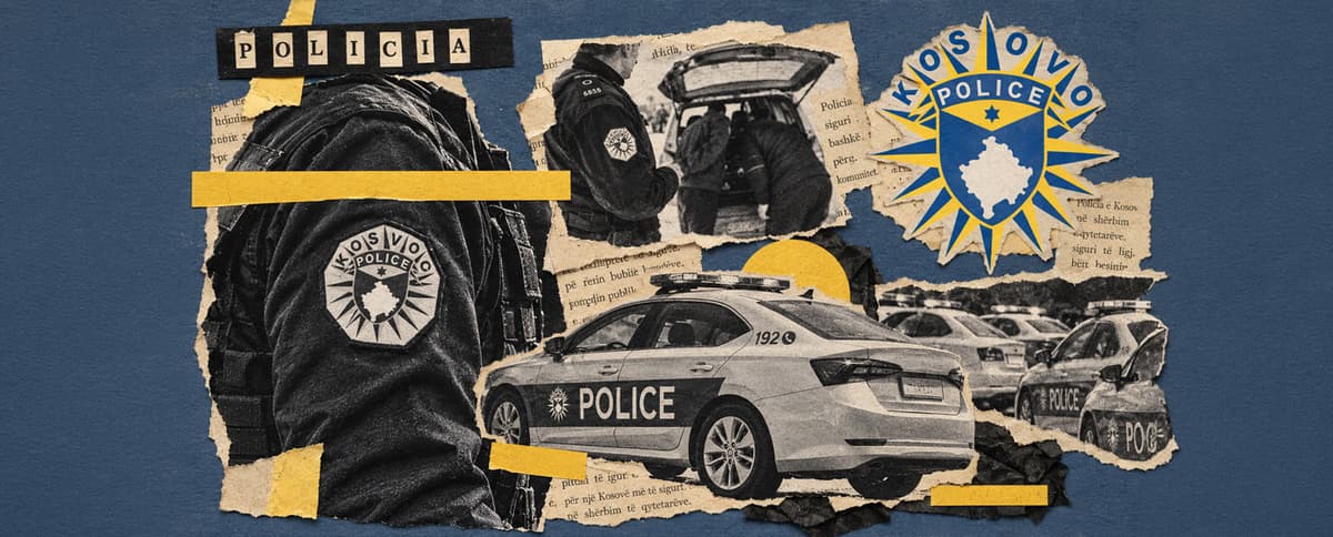 Kolazh ilustrues me pjesëtarë, automjete dhe emblemën e Policisë së Kosovës, i përdorur si imazh kryesor për lajmet mbi aktivitetet dhe aksionet e saj.